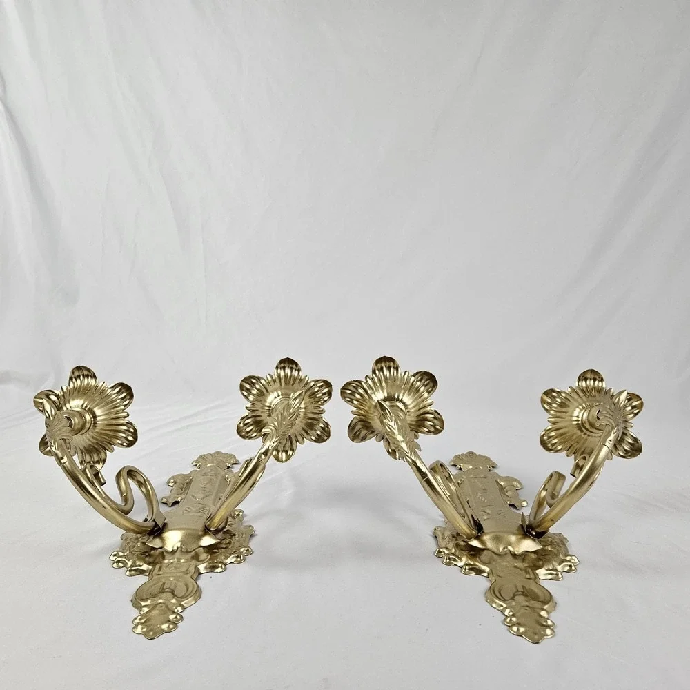 Hollywood Regency Candle Wall Sconces Double Arm Ornate Gold Cast Metal Louis XV